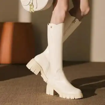 牛皮百搭粗跟厚底防水台高筒骑士靴女圆头不过膝小个子长米白色绒里34