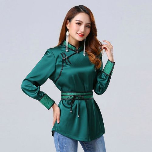 蒙古元素仿真丝打底衬衫日常短款蒙古袍女生活装民族蒙古服装上衣