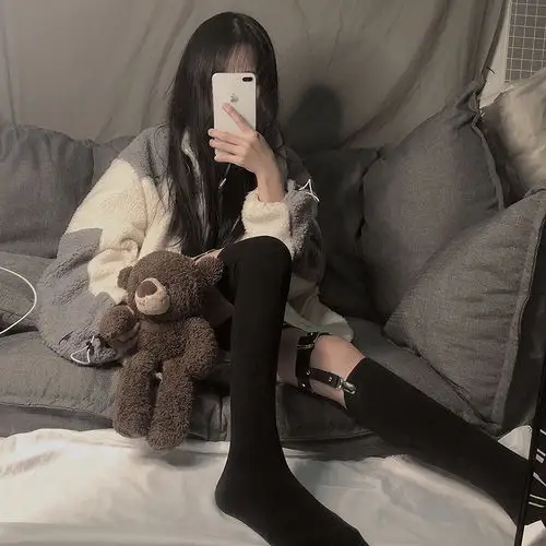 潮ins秋冬黑色纯棉性感情趣韩版中筒长袜子 黑色款58cm 48cm 袜夹腿环