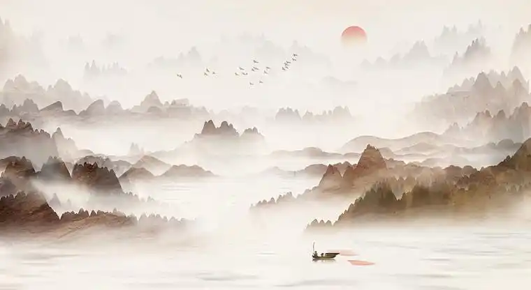 棕色新中式山水画风景装饰画背景插画图片下载