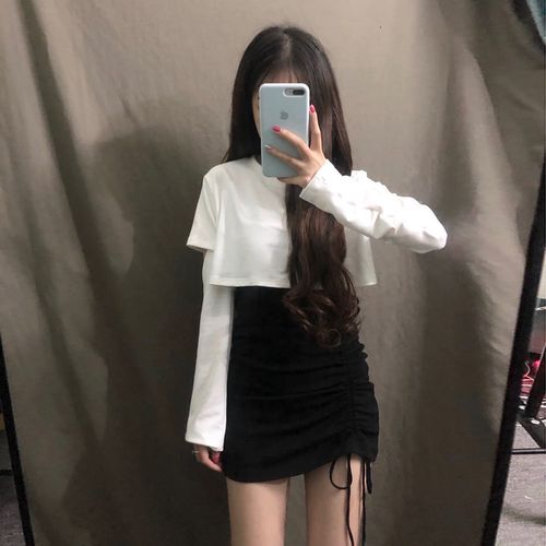 精神小妹衣服套装社会女裙子套装快手网红同款镂空长袖卫衣抽绳收