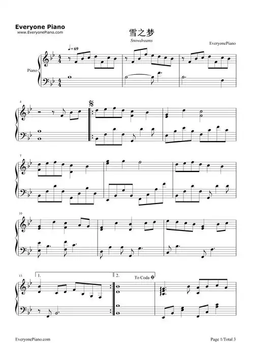 雪之梦-班得瑞五线谱预览1-钢琴谱文件(五线谱,双手简谱,数字谱,midi