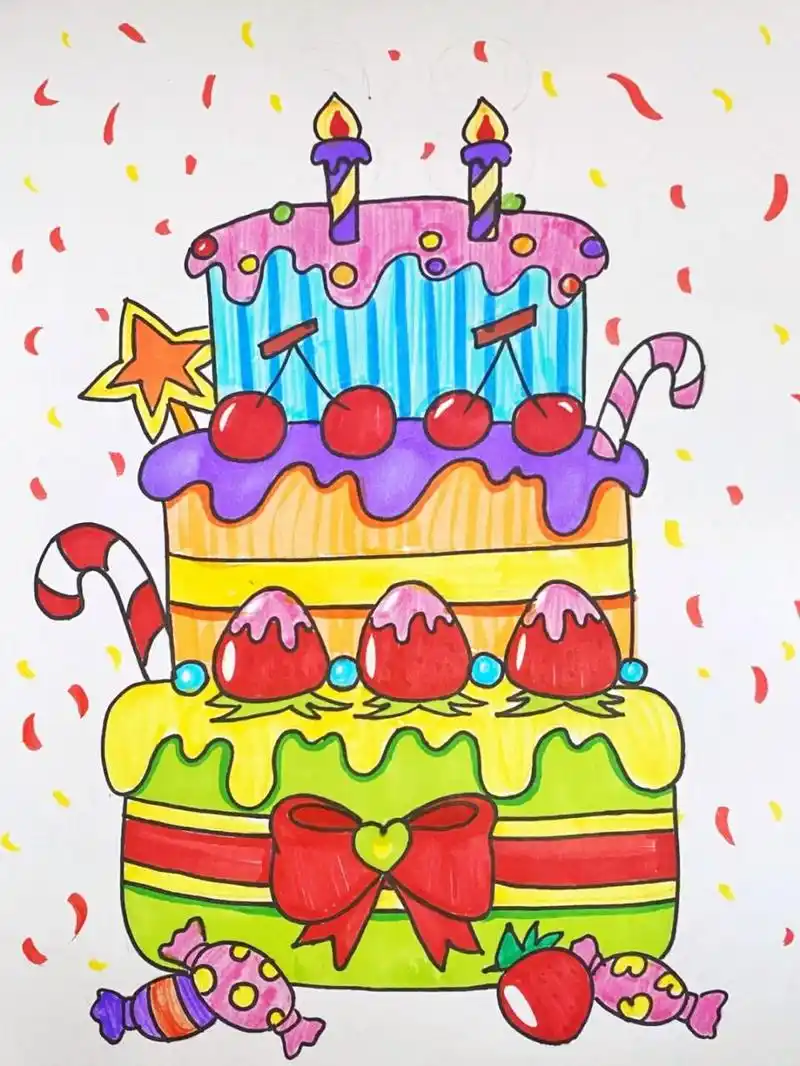 蛋糕儿童画 #马克笔# #卡通画# #儿童画# #儿童画生日蛋糕画