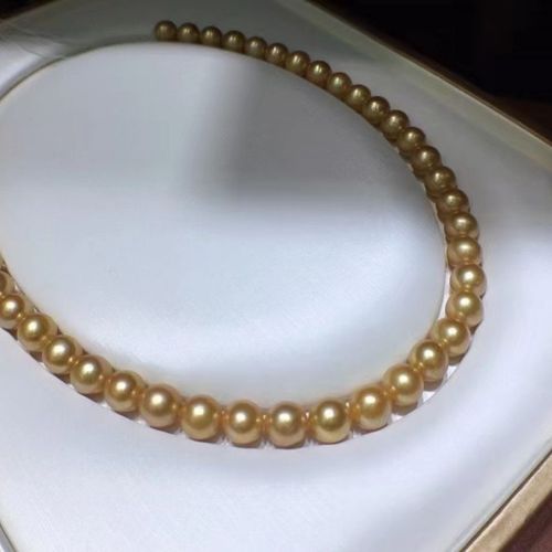 爱迪生金珍珠项链天然金珠9-10mm左右近圆强光极品金珠项链微瑕