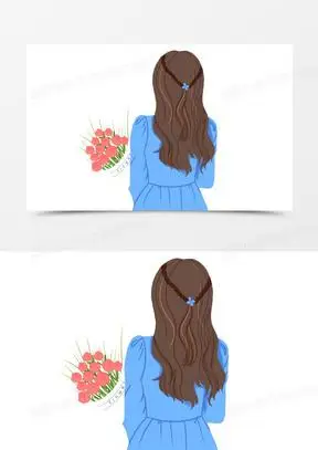 手绘拿花的女生背影素材