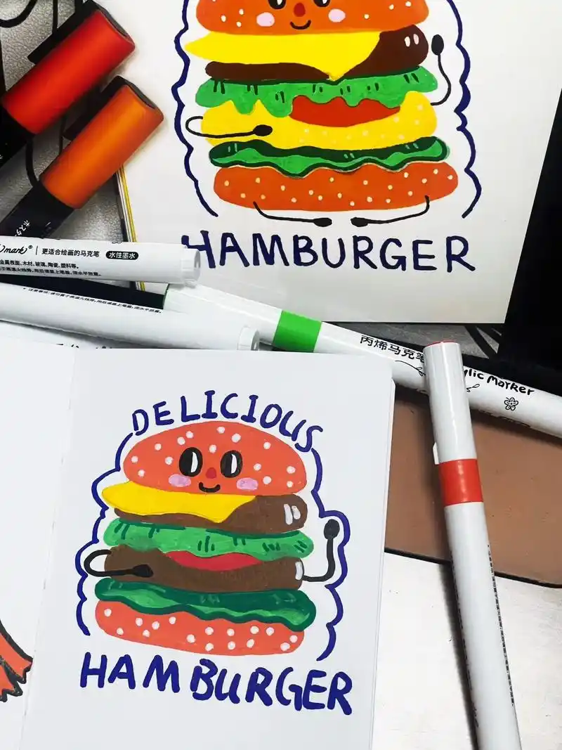 丙烯马克笔|可爱汉堡92绘画过程.临摹:94生活不仅仅是心跳 - 抖音