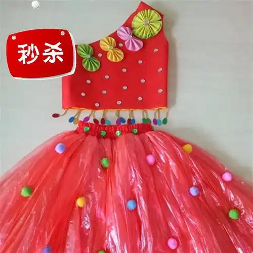 环保演出服女童童装手工时装走秀衣服垃圾袋幼儿园儿童演出服