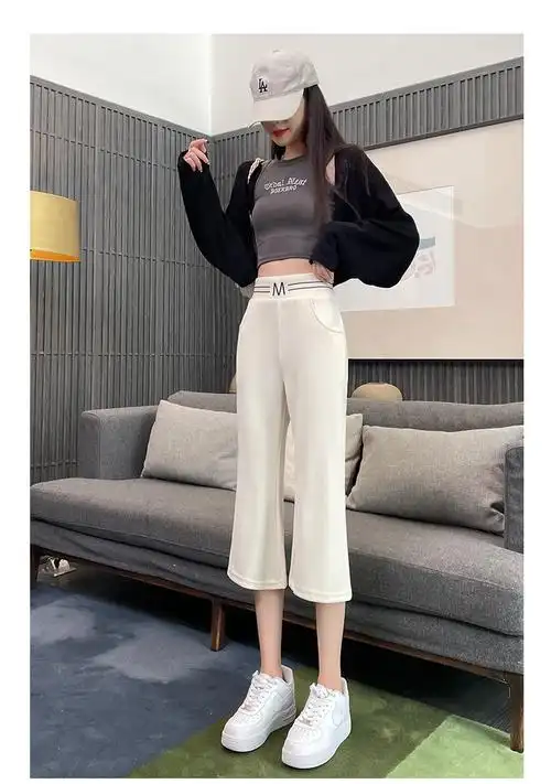 休闲高腰七分裤女2024夏季新款薄款百搭韩版外穿纯色显瘦微喇裤 - 17