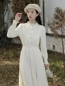 加绒蕾丝连衣裙秋冬2021年新款法式长裙气质内搭裙子打底裙女冬季