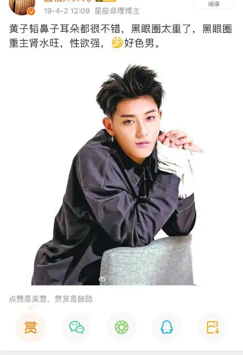 黄子韬耳朵很顺 耳朵大 黑眼圈重 鼻子气势强 嘴巴小 卧蚕重 下停偏弱