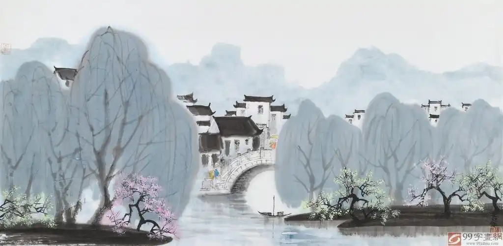 当代著名画家王寿 三尺《水乡丝雨》 - 写意山水画 - 99字画网