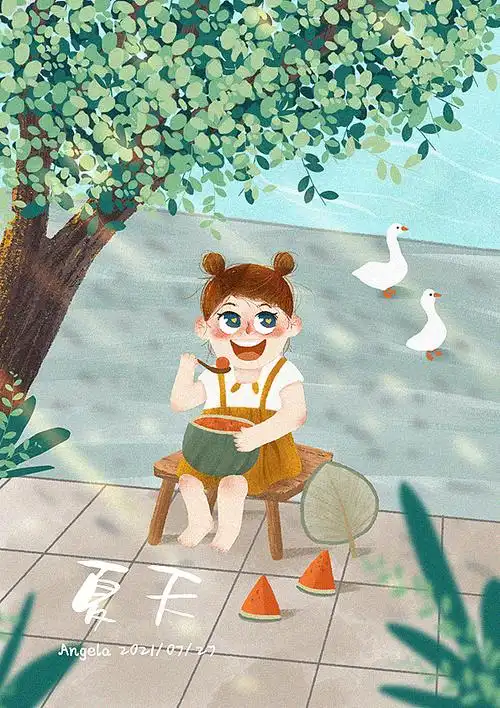 夏天-小女孩吃西瓜|插画|儿童插画|小株熊 - 原创作品 - 站酷 (zcool)