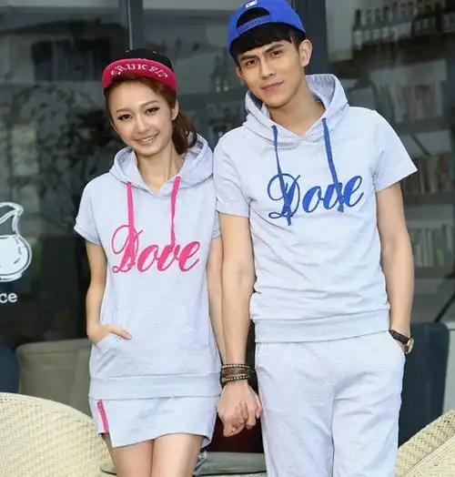 夏装情侣装 韩版休闲男蓝女粉纯棉带帽情侣衫休闲情侣套装_情侣短袖