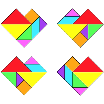 七巧板拼图图案大全,4种爱心益智七巧板