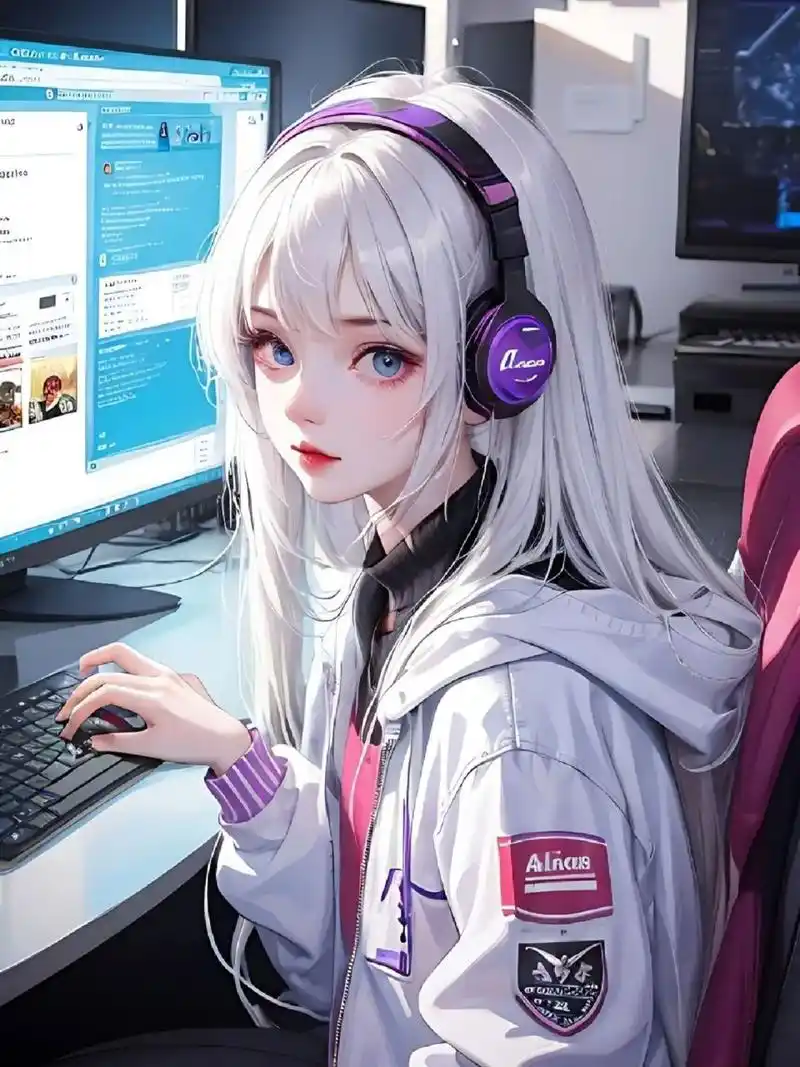 电竞少女|白色系长发玩游戏女孩