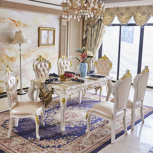 凰城盛世  欧式餐桌椅组合实木餐桌椅大理石方桌饭桌奢华雕花餐厅组合