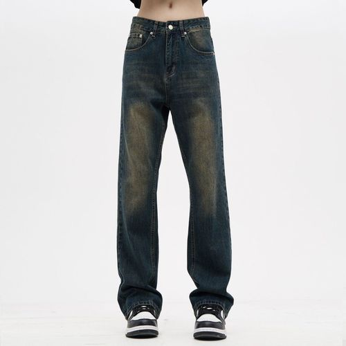 madwitch美式水洗怀旧复古蓝牛仔裤男女休闲宽松微喇拖地裤子ins