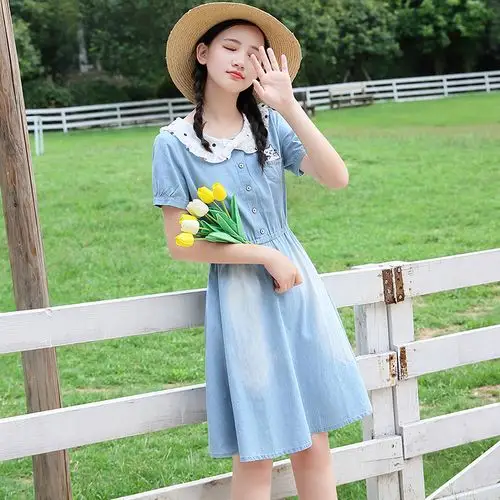 少女连衣裙牛仔裙收腰中长款学生裙子夏装新款高中生长裙宽松韩版
