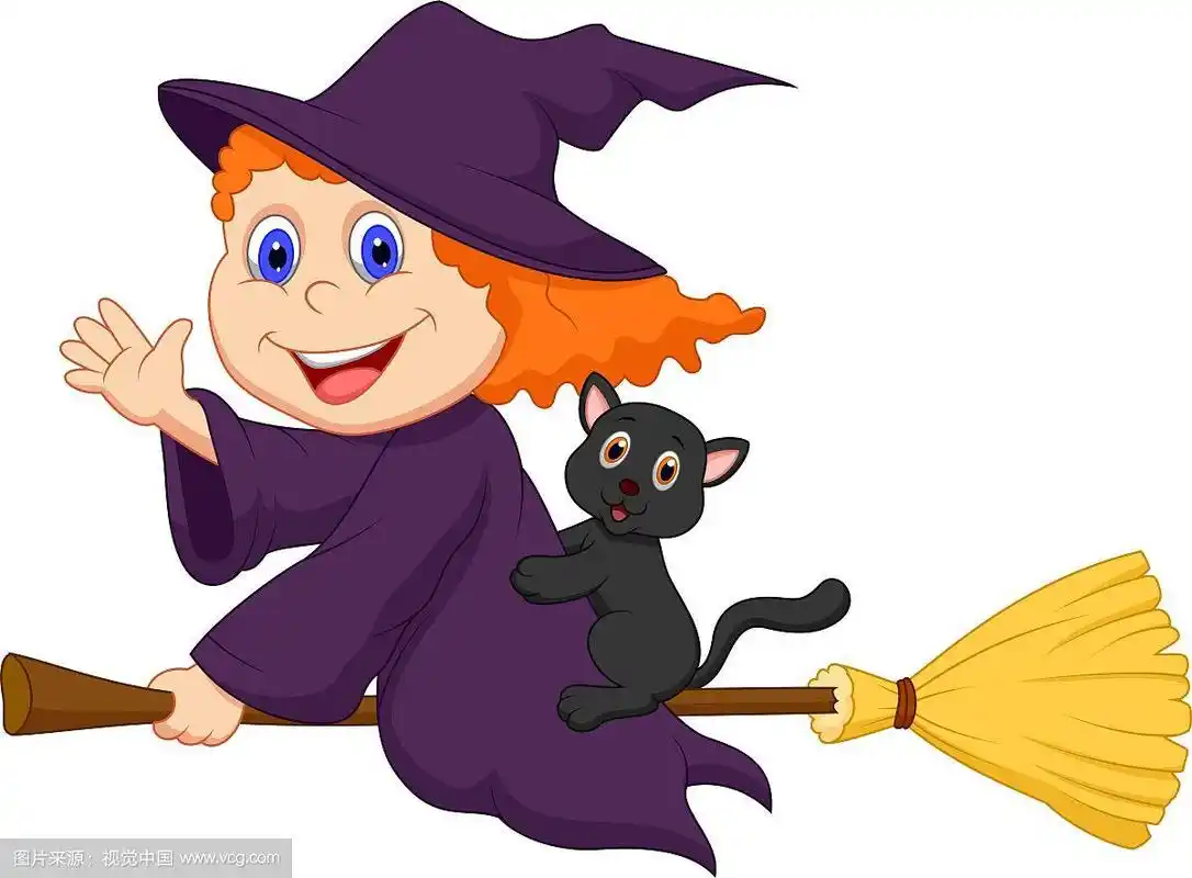 年轻的女巫卡通骑着扫帚飞