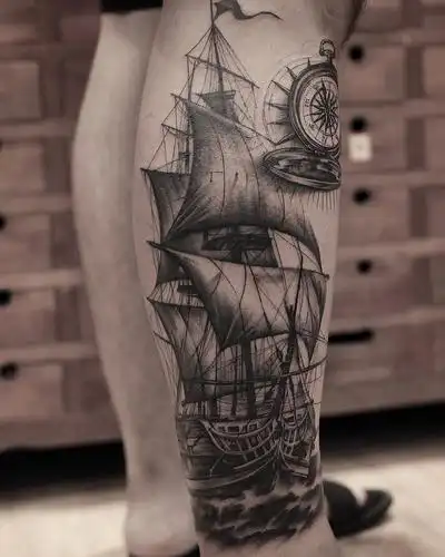 小腿黑灰newschool帆船指南针纹身图案
