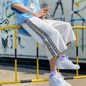 夫格休闲裤子男士直筒裤青春港风男生百搭帅气阔腿七分裤潮男裤白色m