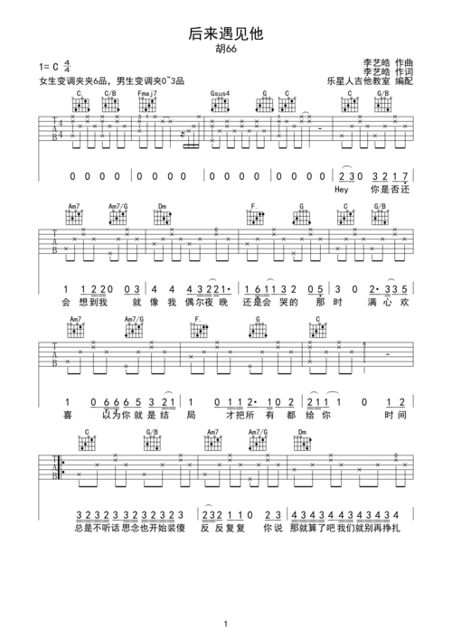 后来遇见他-胡66完美c调弹唱吉他谱