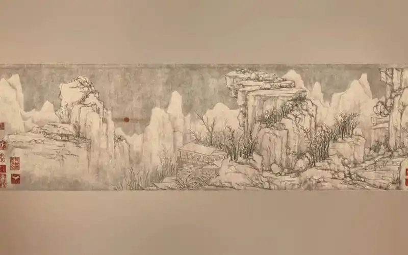 元 黄公望 快雪时晴图 高清国画原作细节欣赏 用笔单纯而疏秀,洁净