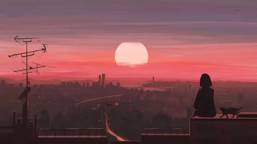 晚霞 女孩 背影 猫 城市 4k 动漫 壁纸图片