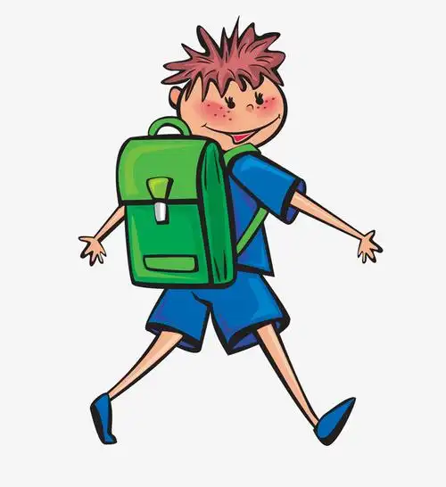 手绘背蓝色书包的男孩子