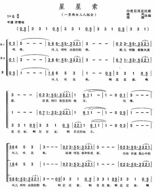 《星星索-印度尼西亚民歌(三重唱简谱)》吉他谱