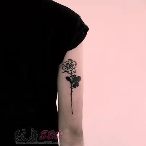 女生手臂上黑色简单线条植物玫瑰花纹身图案