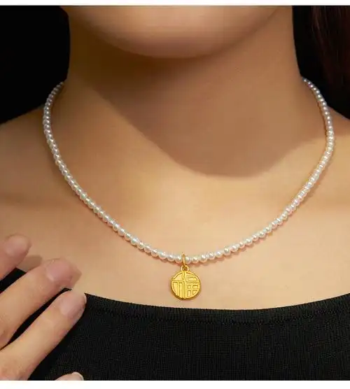 月斐珠宝黄金福牌珍珠项链吊坠999足金古法小金珠子转运珠福字挂坠