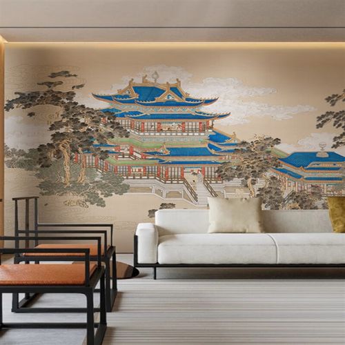 妙普乐宫庭风壁纸  新中式古风宫廷楼阁墙布酒店装修浮雕墙纸背景墙