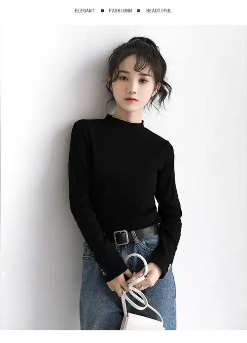 半高领黑色刺绣百搭2021新款打底衫女t春秋内搭长袖上衣冬潮加绒常规