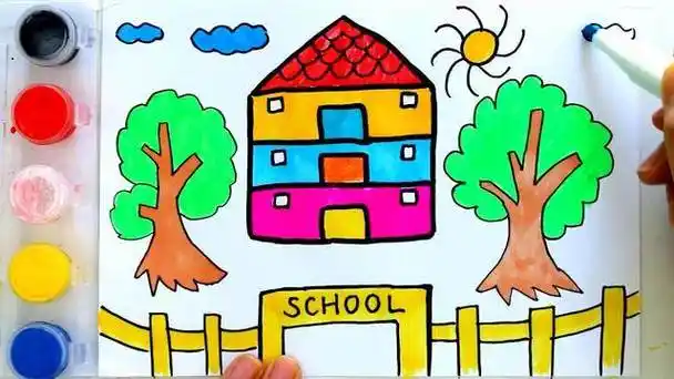 小学校简笔画图片小学校简笔画图片大全我的校园儿童画小学生美丽的