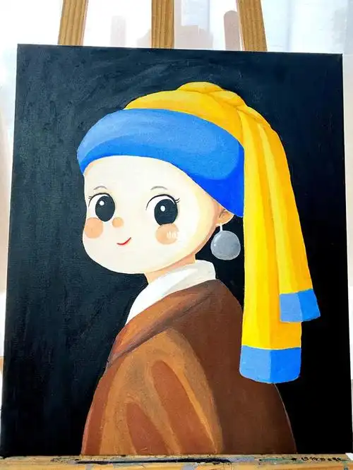 丙烯画戴珍珠耳环的少女