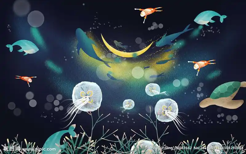 手绘梦幻星空鲸鱼天空壁画背景墙图片