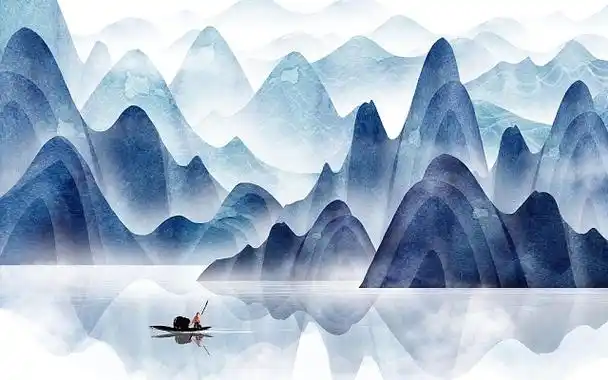 意境 国画 风景 小船 蓝色水墨水墨插画清明节插画清明插画中国风水墨