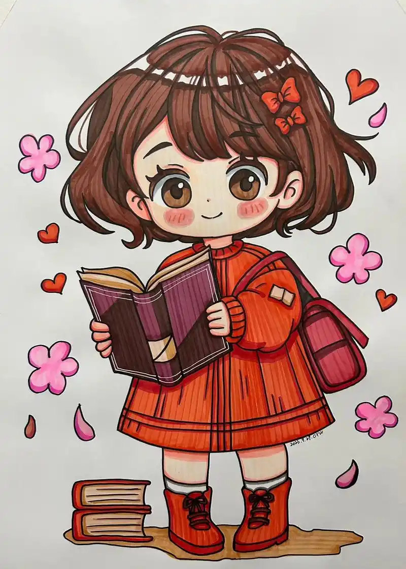 热爱读书.#马克笔手绘 #一起学画画 #q版人物 #漫画女孩 - 抖音