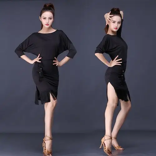 新款成人拉丁舞服装练习形体蝙蝠袖舞蹈服演出露背性感连体裙流苏