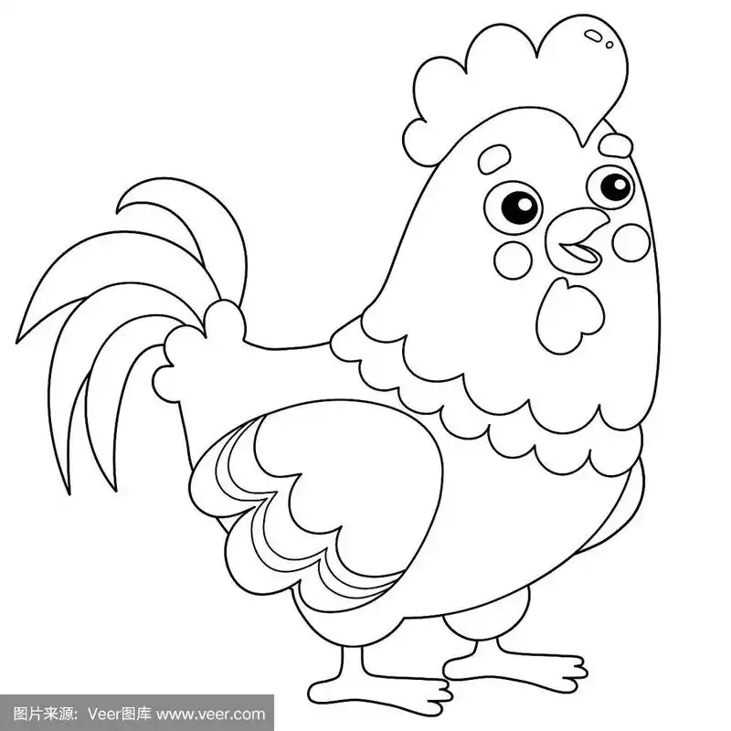 彩色页面轮廓的卡通公鸡.农场动物.儿童涂色书.