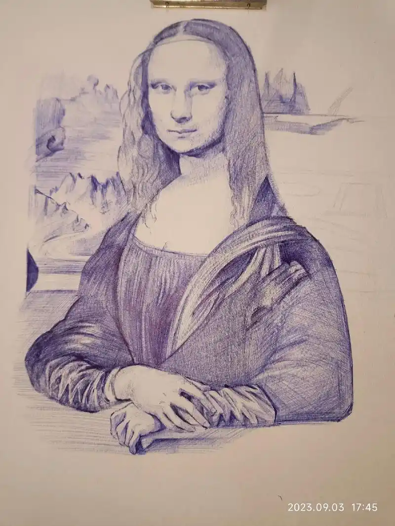 圆珠笔之~"蒙娜丽莎的微笑"#圆珠笔手绘 #绘画过程分享 # - 抖音