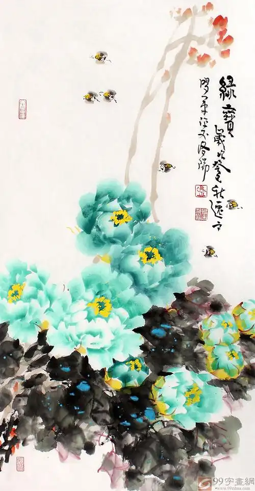 qa河南著名画家曲逸之三尺绿牡丹《绿宝》(询价)
