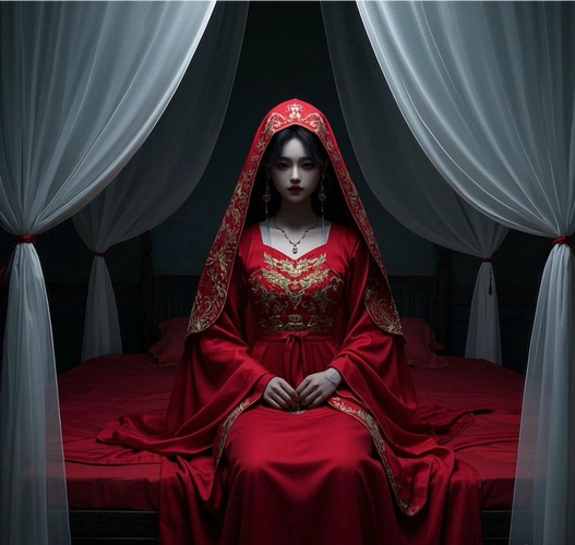 据说,每逢月圆之夜,一位身着鲜红嫁衣,撑着红伞的女子就会现身,谁要是