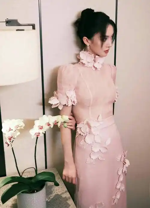 金晨美得不可方物,一身粉色花旗袍展现国风气韵,身材样貌美极了