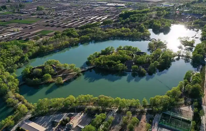 航拍|甘肃高台月牙湖公园湖面如镜春意浓 高台月牙湖公园