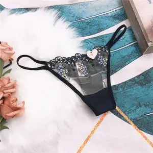 n680 新品女生细带丁字裤网纱刺绣性感t短裤中低腰女人内裤半透