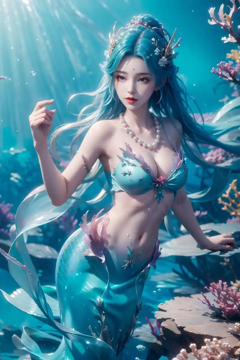 朵莉亚ai手机壁纸:来自大海深处的人鱼少女,在水域中会变身成美人鱼!