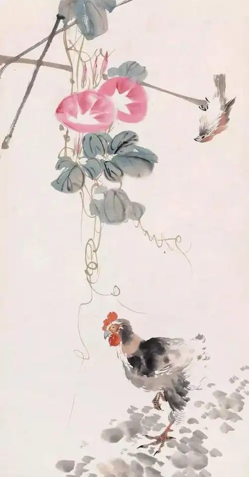 王雪涛先生笔下的牵牛花与小公鸡,构思新颖