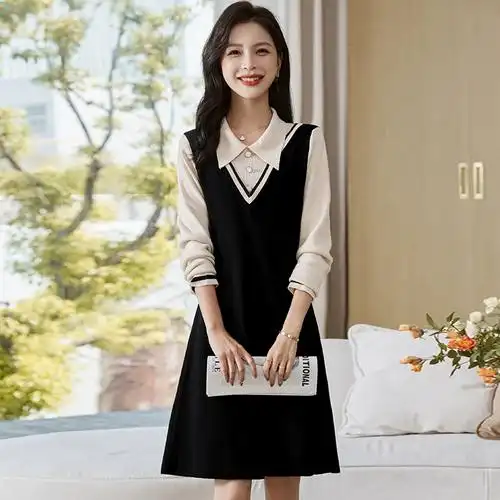 v领气质淑女假两件毛织针织长袖爆款百搭连衣裙洋气mm秋冬款女装